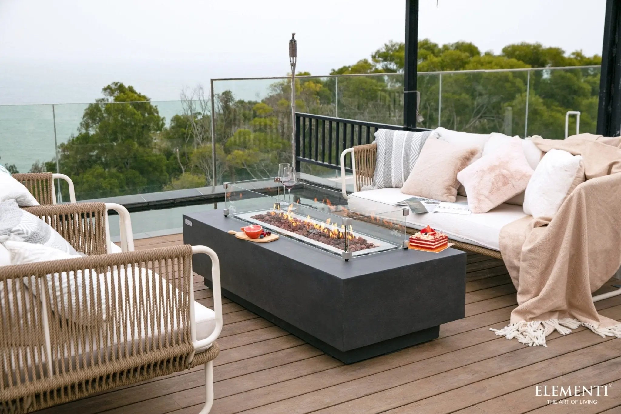 Granville 60 inch GFRC concrete fire table, oversized outdoor fire feature