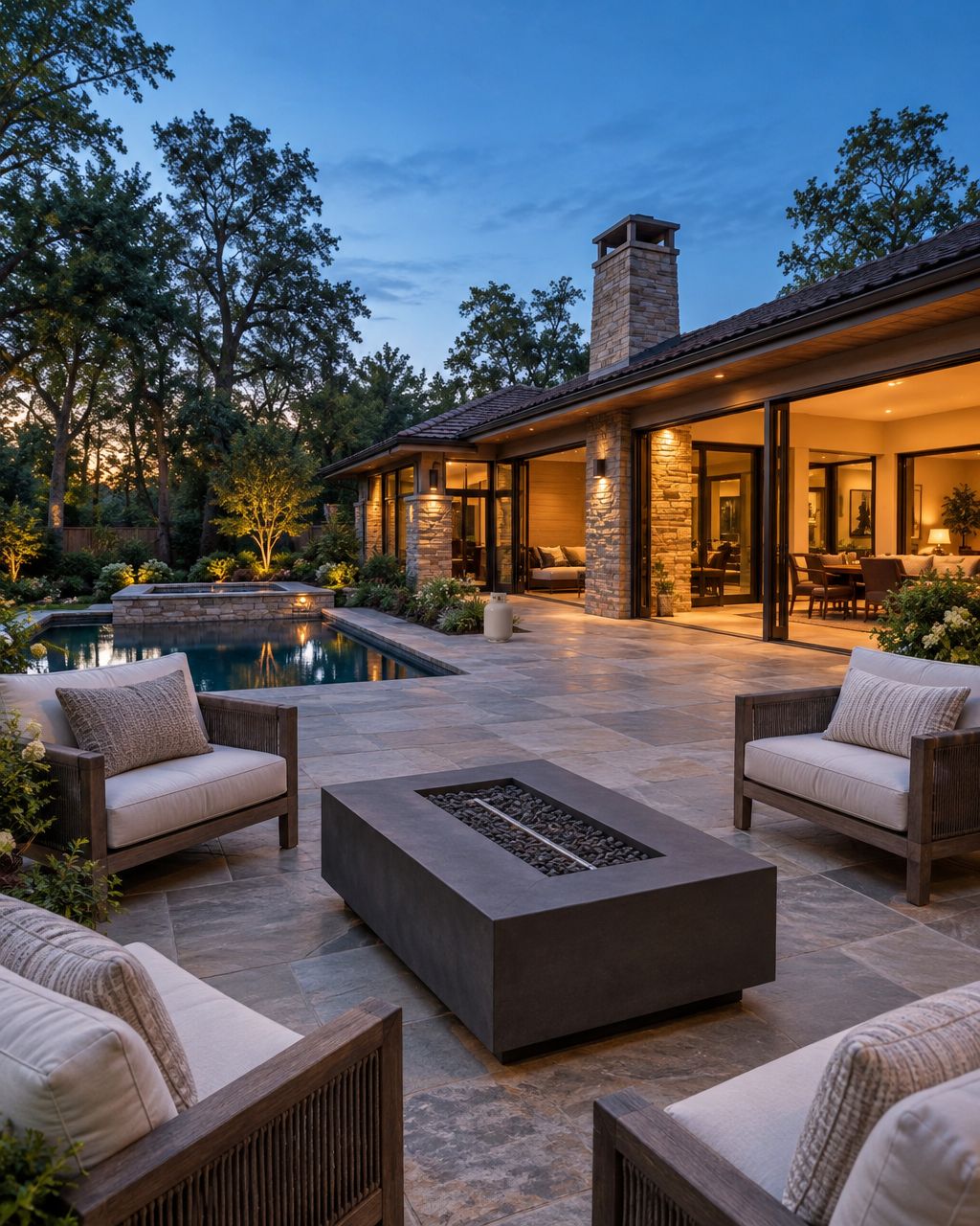 Illustrative open-air patio layout with an unlit fire table and a separate upright propane cylinder; not an installation diagram.