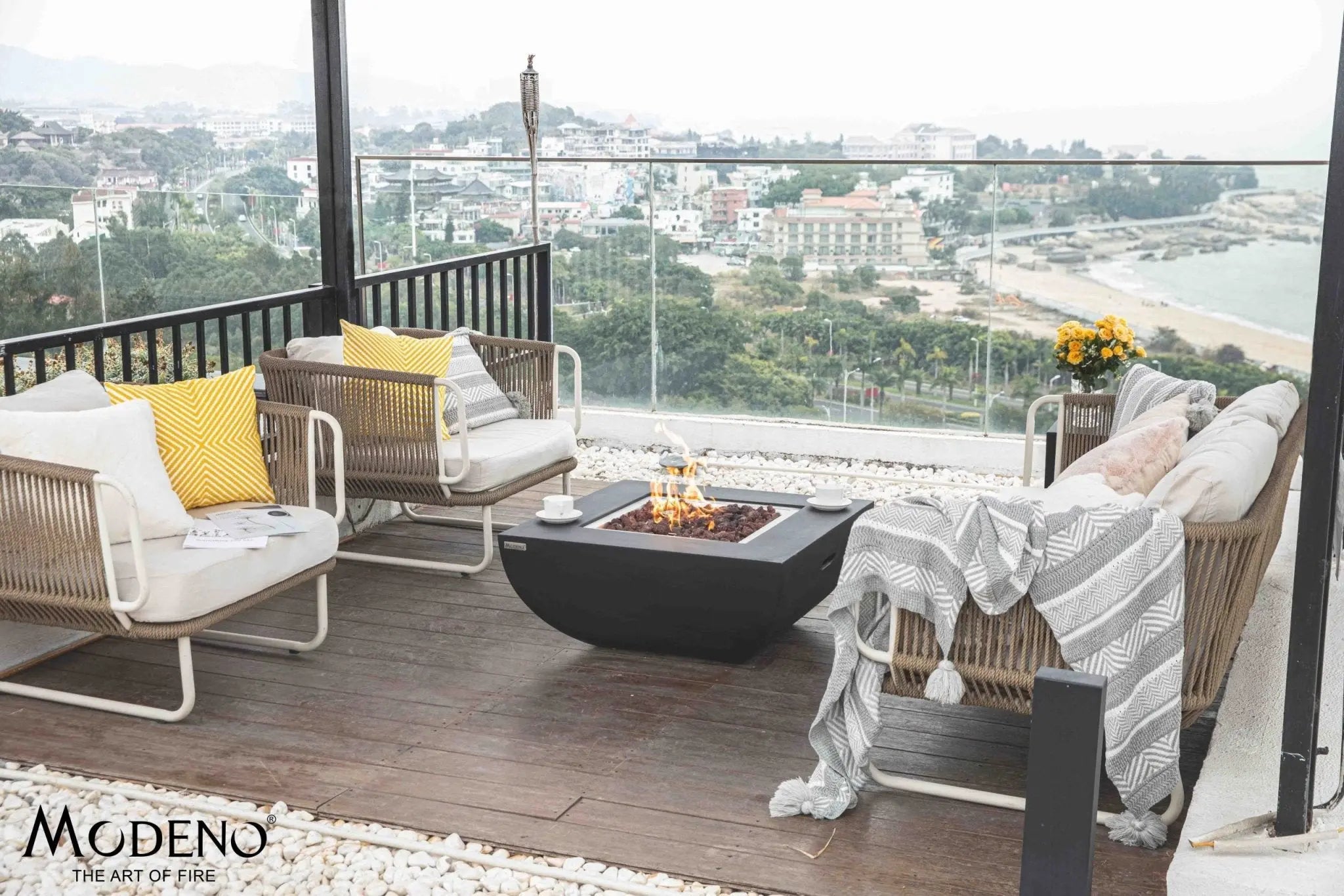 Aurora 34 inch GFRC concrete fire table with angular contemporary edge