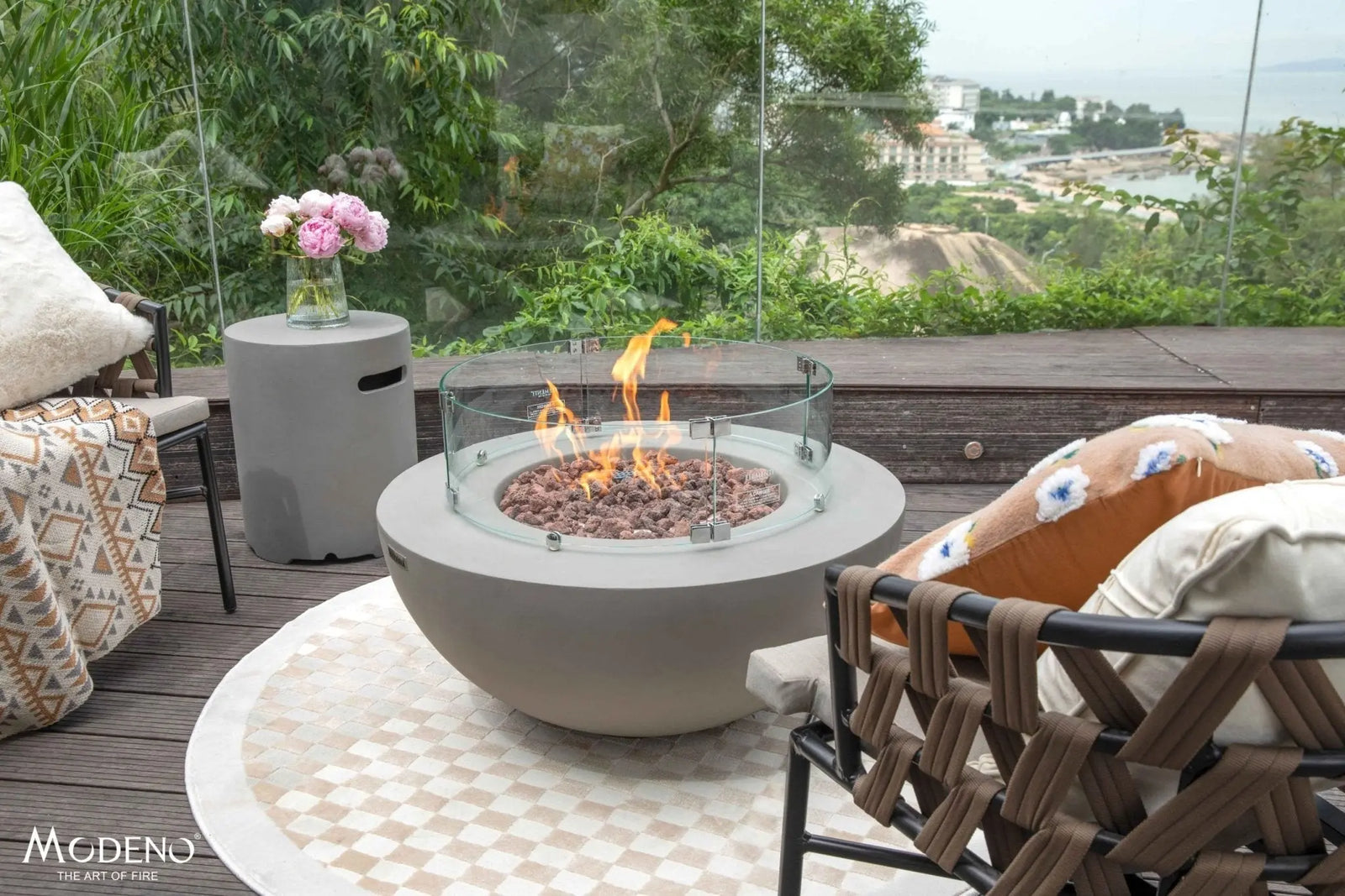 Roca 34 inch GFRC concrete fire table with organic curved edge for stone and garden patios
