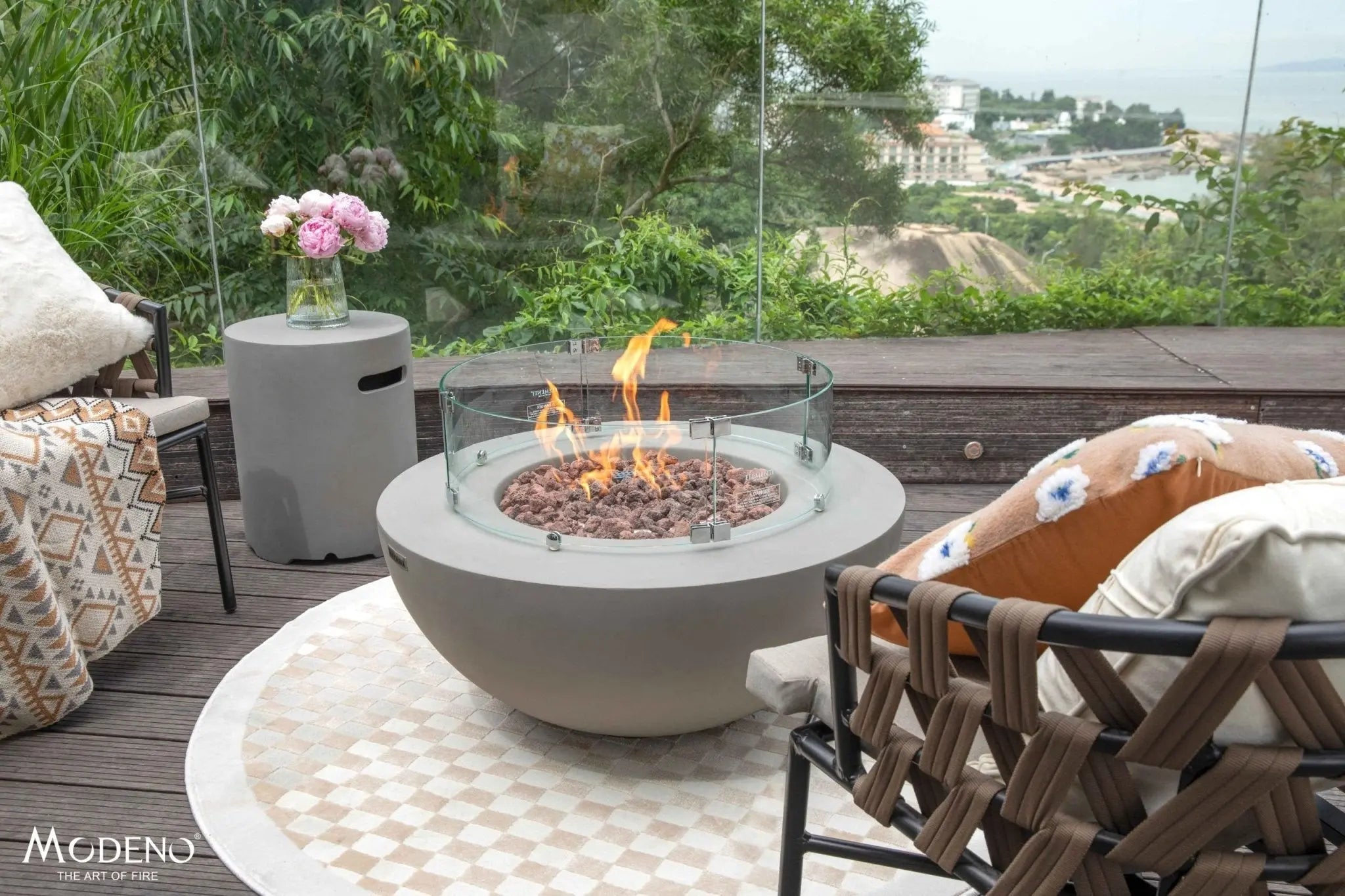 Roca 34 inch GFRC concrete fire table with organic curved edge for stone and garden patios