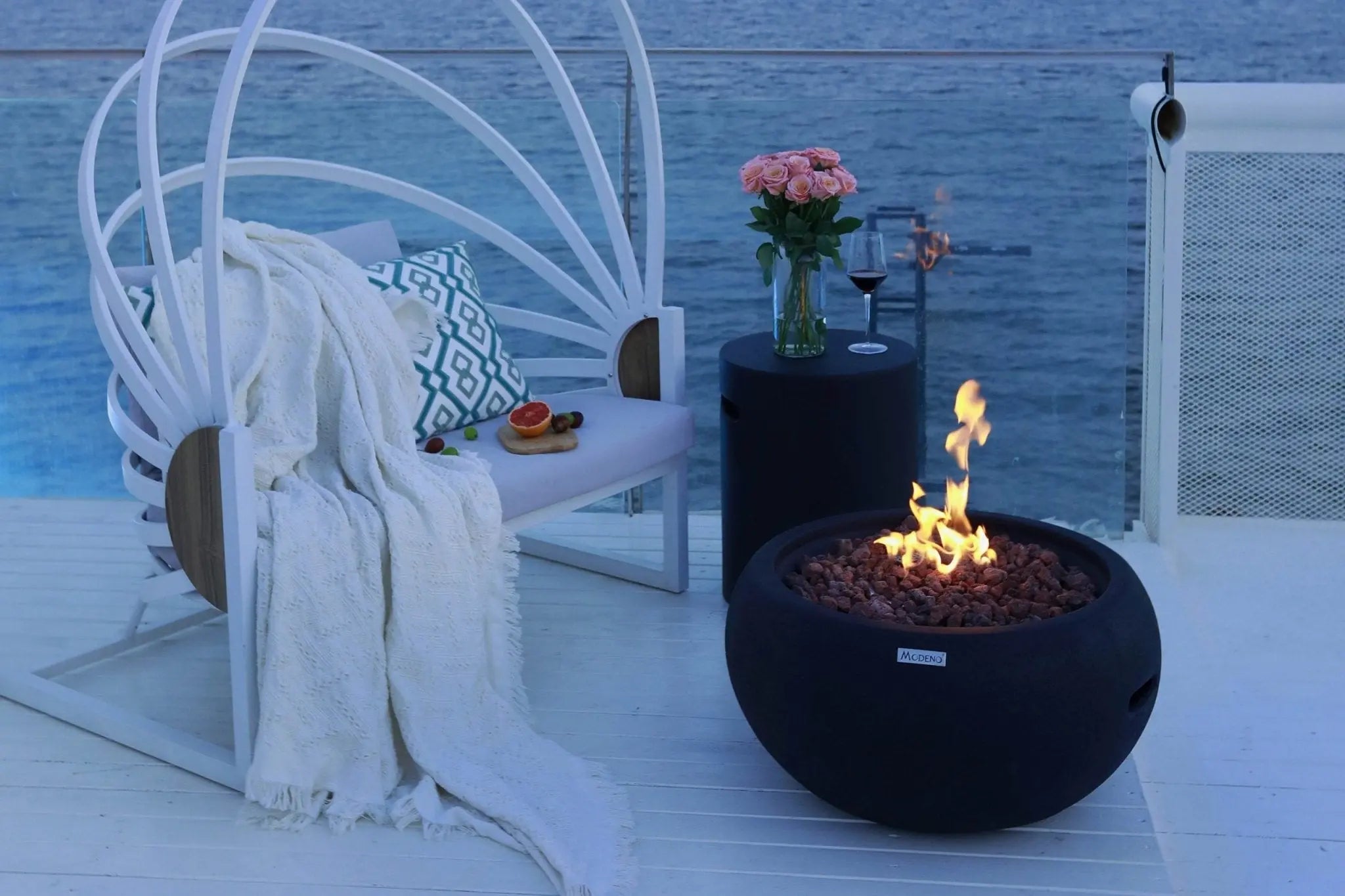 York 27 inch round concrete fire bowl, compact outdoor gas fire pit