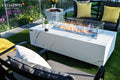 Carrara fire table in Bianco White marble porcelain, Elementi Plus flagship outdoor fire feature