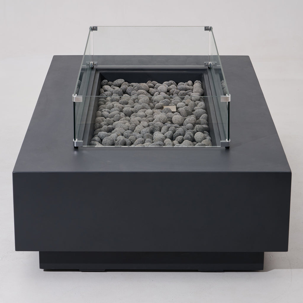 Elementi Pro Ravello 72-inch rectangle fire pit, Dark Gray – end view with glass wind guard