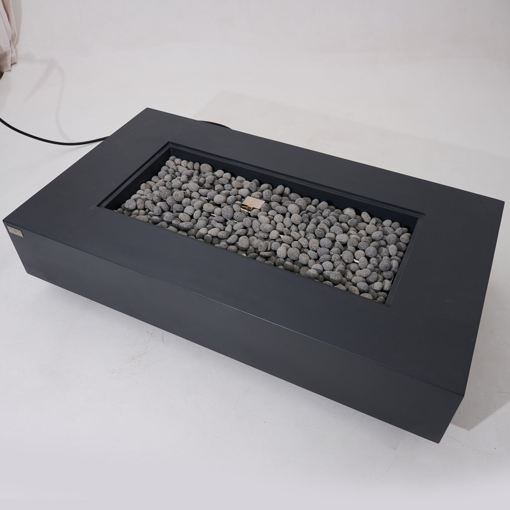 Elementi Pro Ravello 72-inch rectangle fire pit, Dark Gray – angled top view without glass, lava rock fill