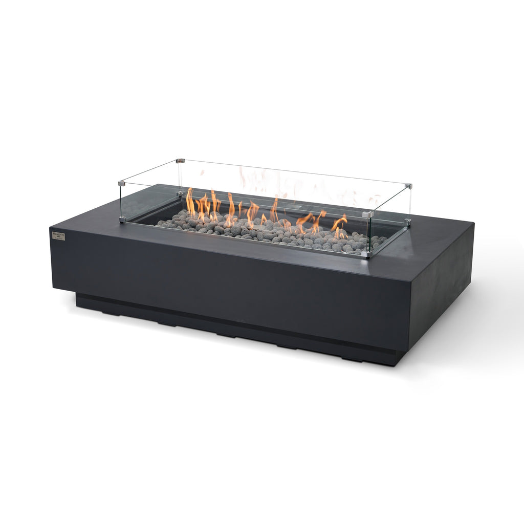 Elementi Pro Ravello 72-inch rectangle fire pit, Dark Gray – studio view with glass wind guard, lit
