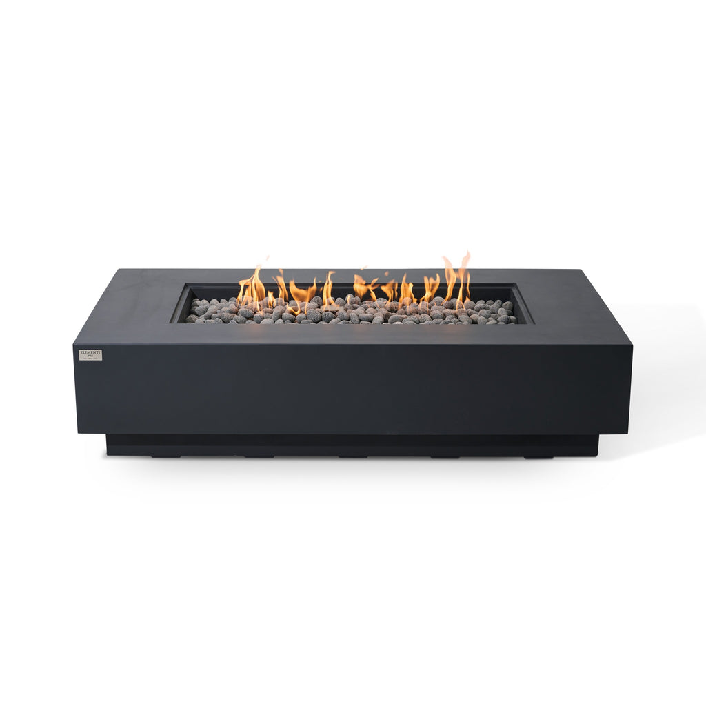 Elementi Pro Ravello 72-inch rectangle fire pit, Dark Gray – studio front view without glass, lit