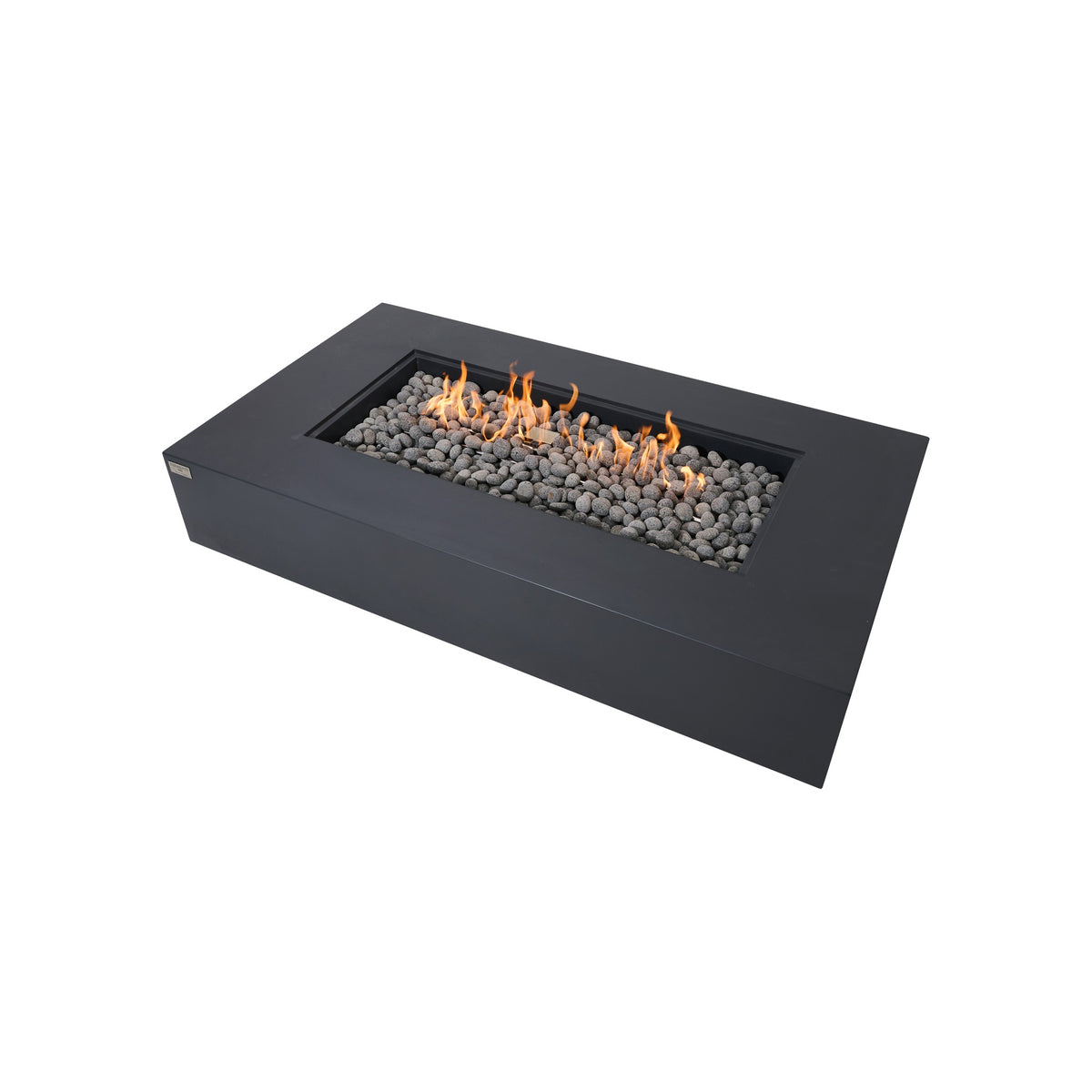 Elementi Pro Ravello 72-inch rectangle fire pit, Dark Gray – studio angled view without glass, lit