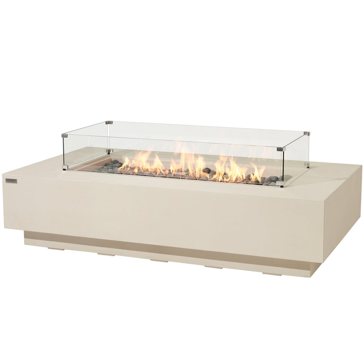 Elementi Pro Ravello 72-inch rectangle fire pit, Frosted Cream White – angled view with glass wind guard, lit