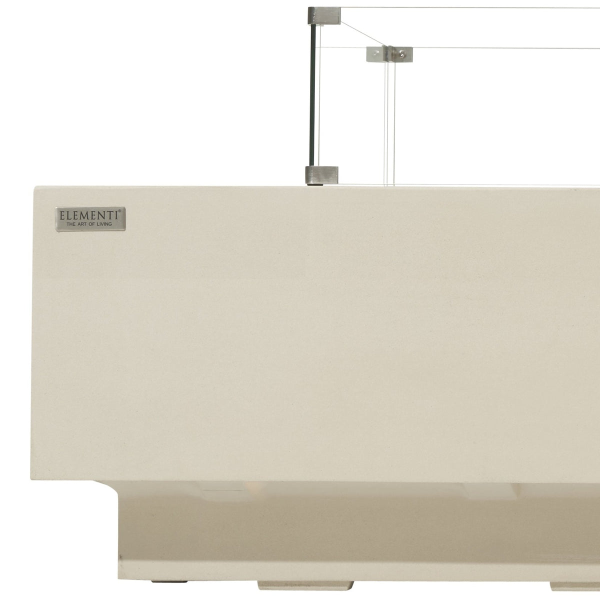 Elementi Pro Ravello 72-inch rectangle fire pit, Frosted Cream White – close-up of corner and Elementi badge