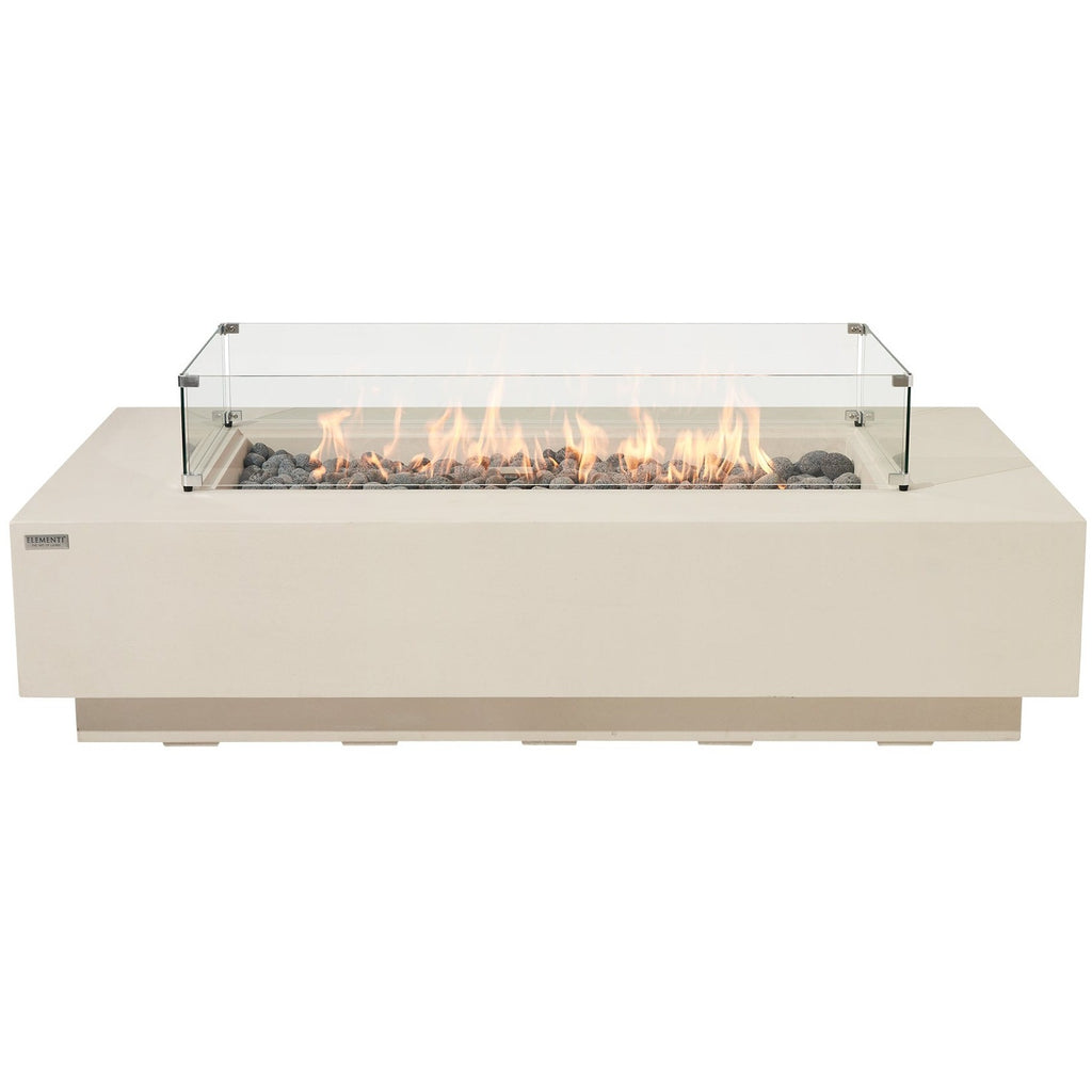 Elementi Pro Ravello 72-inch rectangle fire pit, Frosted Cream White – front view with glass wind guard, lit