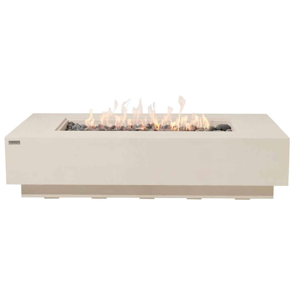 Elementi Pro Ravello 72-inch rectangle fire pit, Frosted Cream White – front view without glass, lit