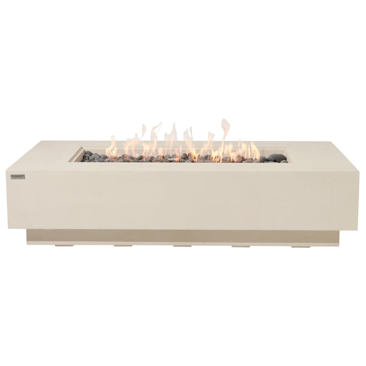 Elementi Pro Ravello 72-inch rectangle fire pit, Frosted Cream White – front view without glass, lit