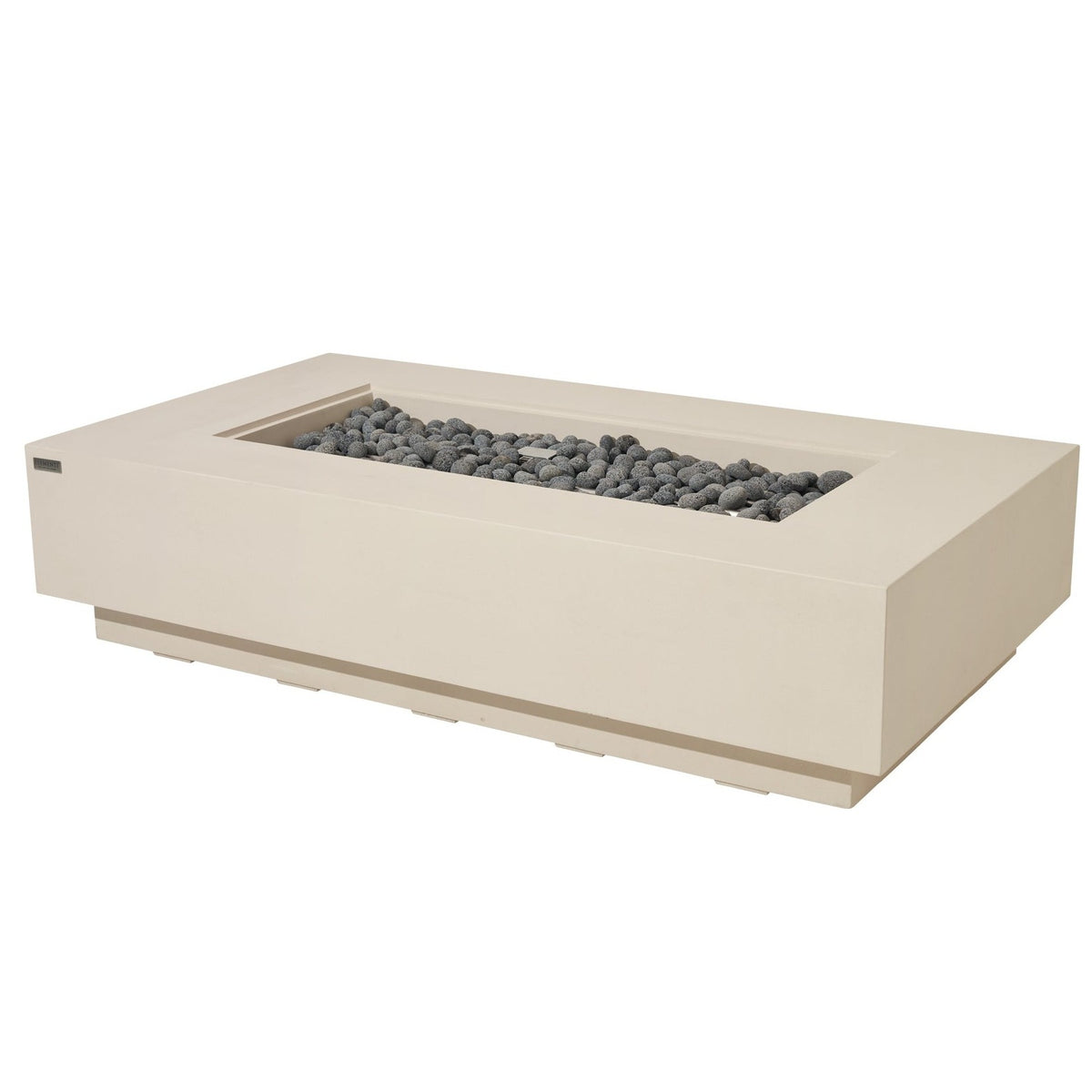 Elementi Pro Ravello 72-inch rectangle fire pit, Frosted Cream White – angled view without glass, lava rock fill