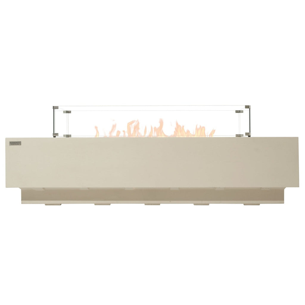 Elementi Pro Ravello 72-inch rectangle fire pit, Frosted Cream White – side profile with glass wind guard, lit