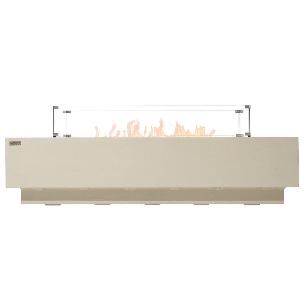Elementi Pro Ravello 72-inch rectangle fire pit, Frosted Cream White – side profile with glass wind guard, lit