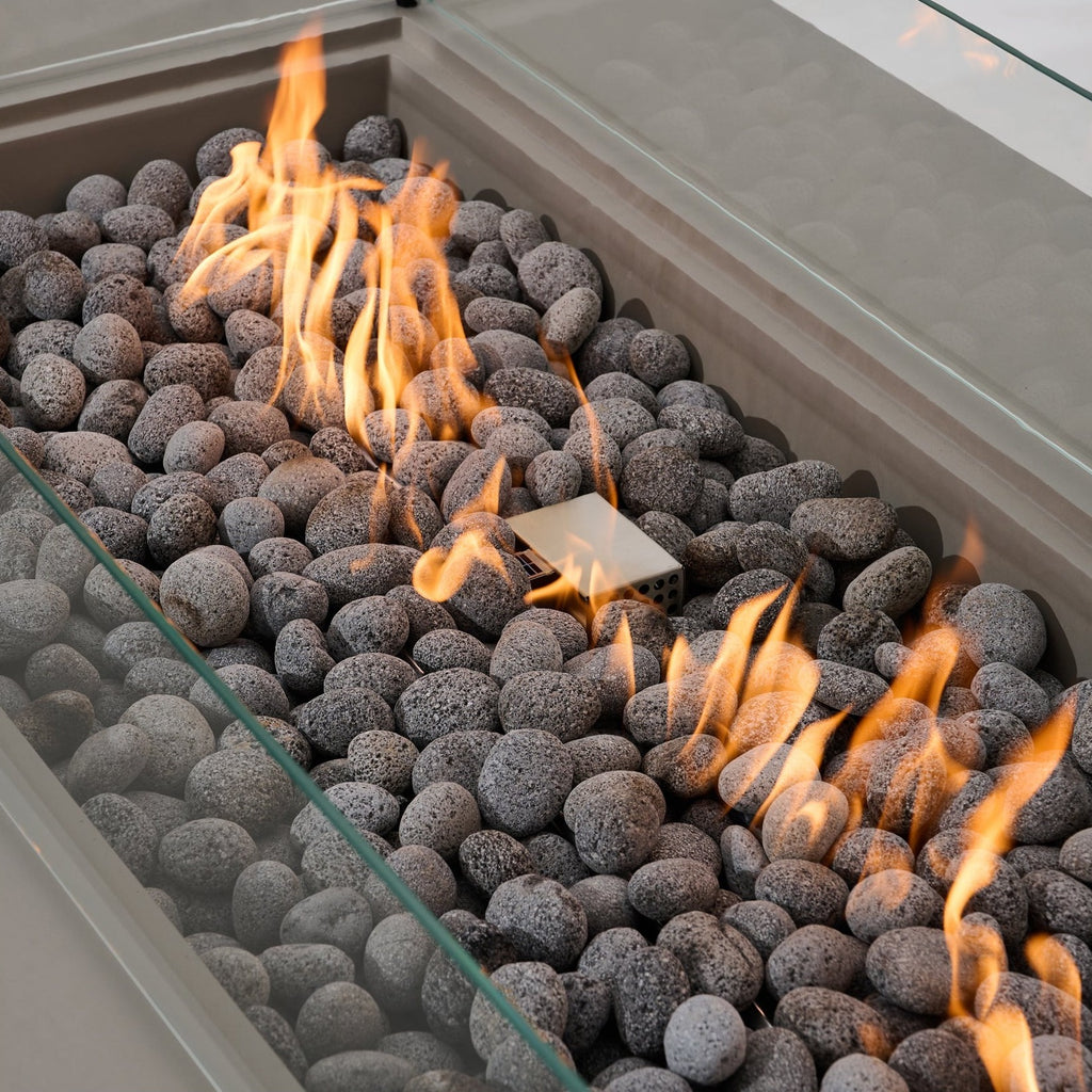 Elementi Pro Ravello 72-inch rectangle fire pit, Light Gray – close-up of flames over lava rock