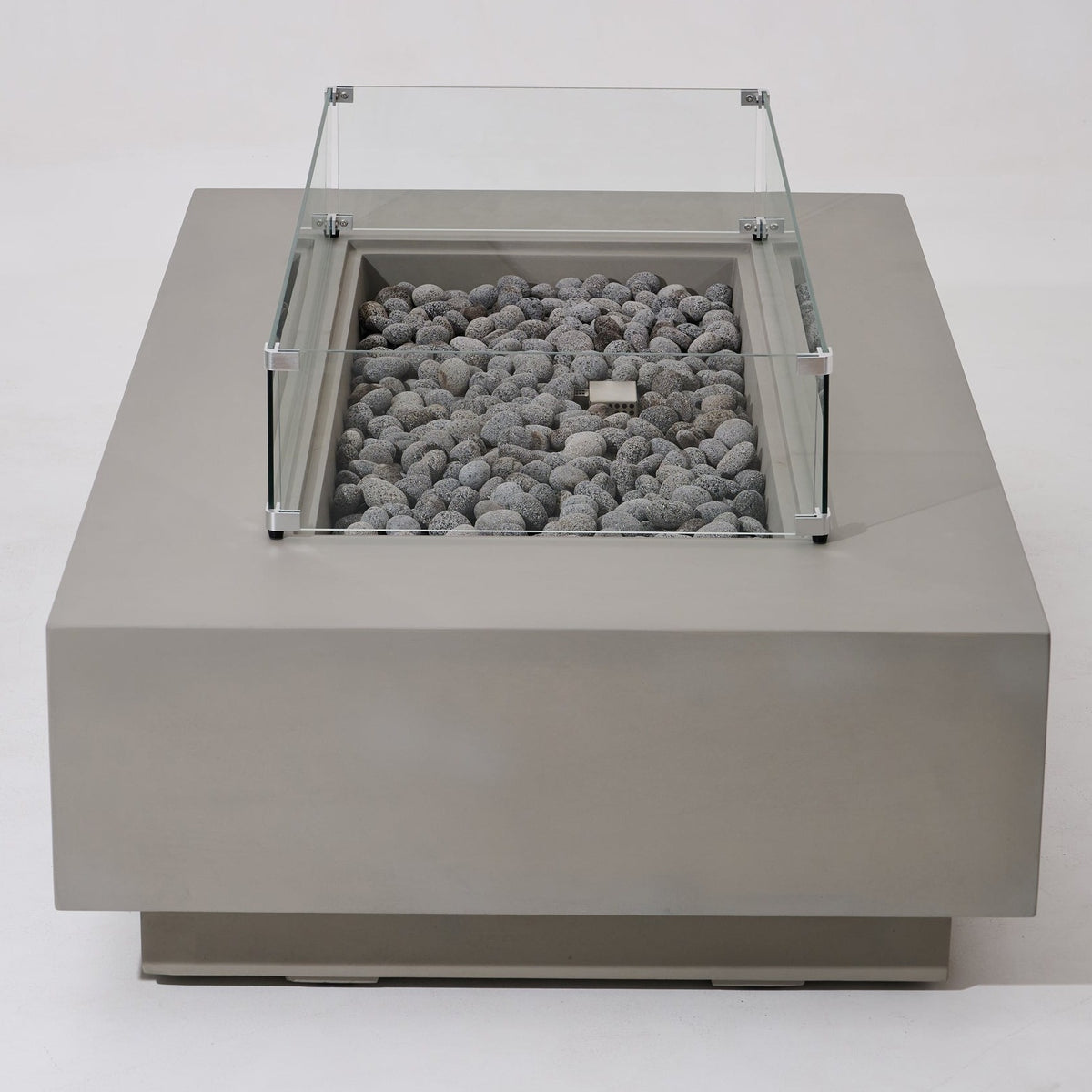 Elementi Pro Ravello 72-inch rectangle fire pit, Light Gray – end view with glass wind guard