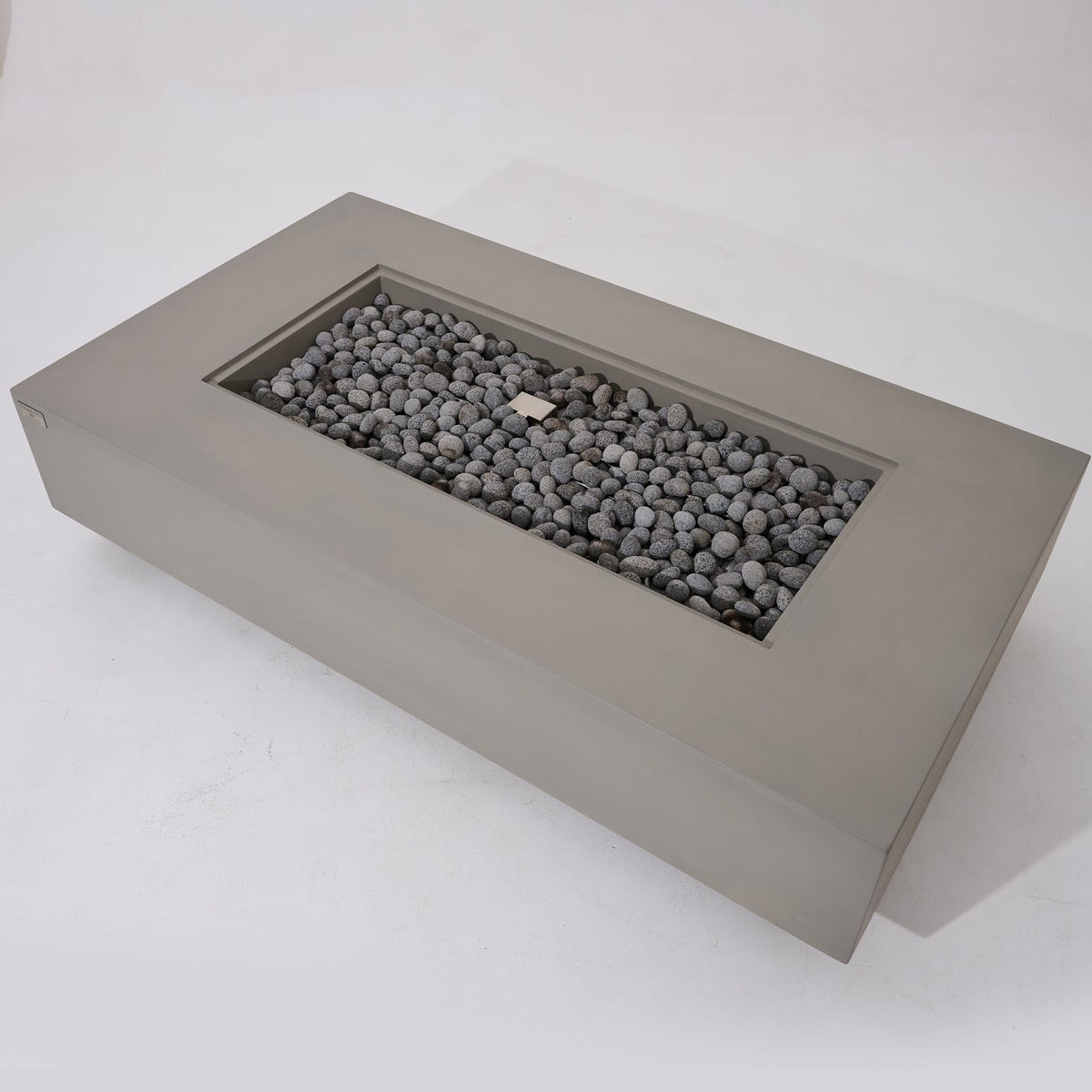 Elementi Pro Ravello 72-inch rectangle fire pit, Light Gray – angled top view without glass, lava rock fill