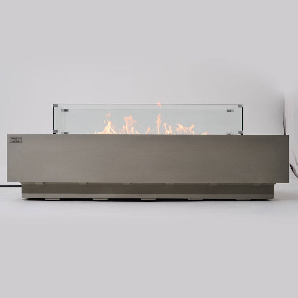 Elementi Pro Ravello 72-inch rectangle fire pit, Light Gray – low side profile, lit