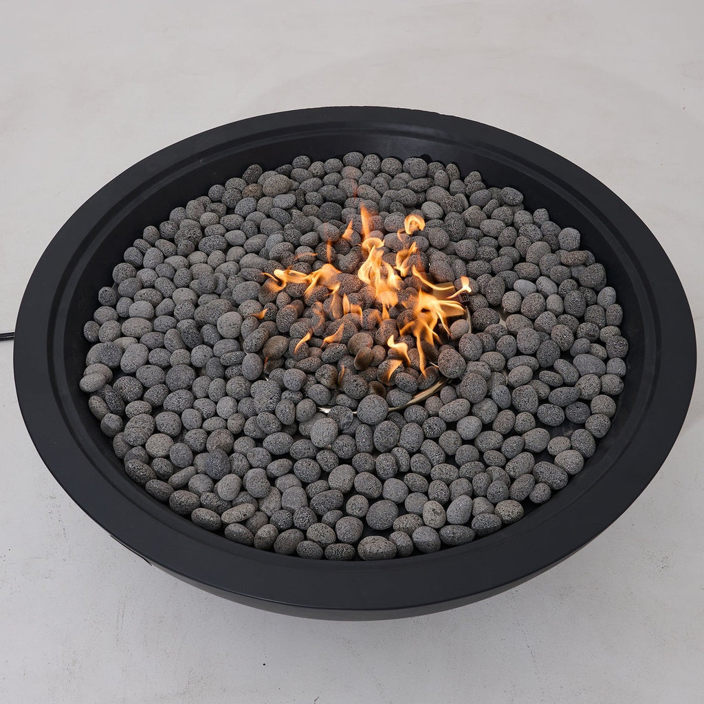 Elementi Pro Rose Bowl 48-inch 100K BTU fire pit, Dark Gray – elevated view, lit