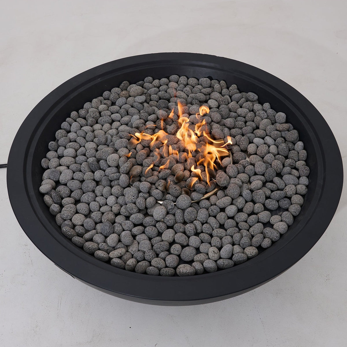 Elementi Pro Rose Bowl 48-inch 100K BTU fire pit, Dark Gray – elevated view, lit