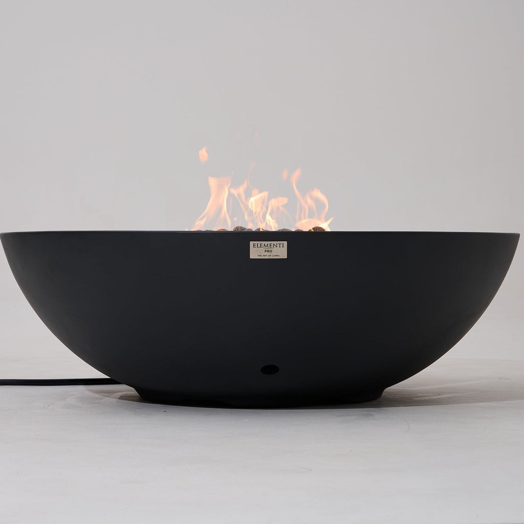 Elementi Pro Rose Bowl 48-inch 100K BTU fire pit, Dark Gray – low side profile, lit