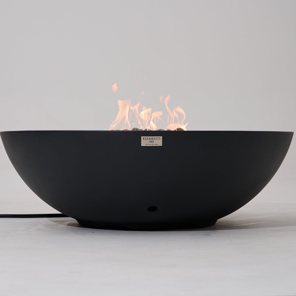 Elementi Pro Rose Bowl 48-inch 100K BTU fire pit, Dark Gray – low side profile, lit