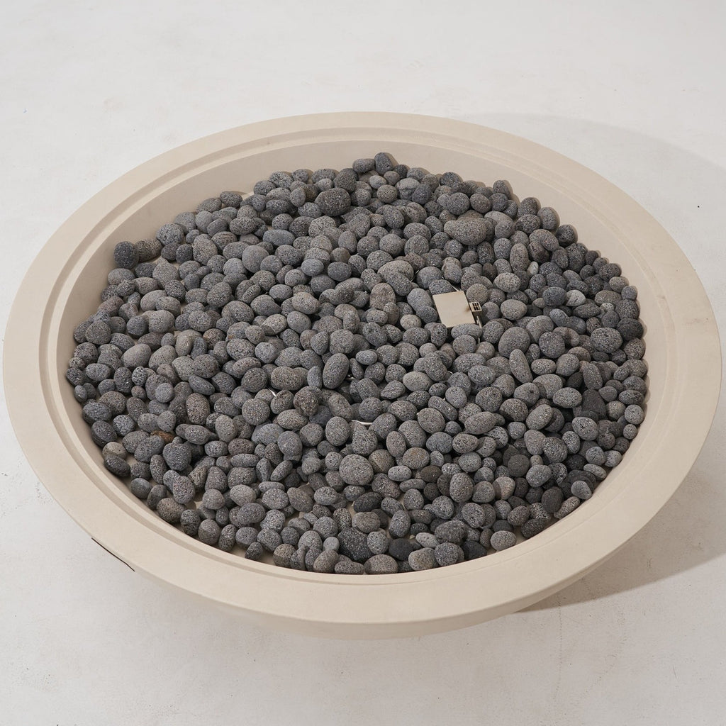 Elementi Pro Rose Bowl 48-inch 100K BTU fire pit, Frosted Cream White – top-down view, lava rock fill