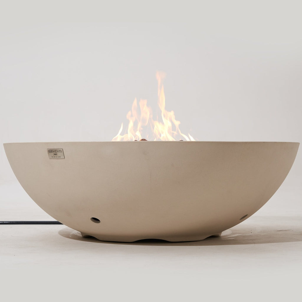 Elementi Pro Rose Bowl 48-inch 100K BTU fire pit, Frosted Cream White – low side profile, lit