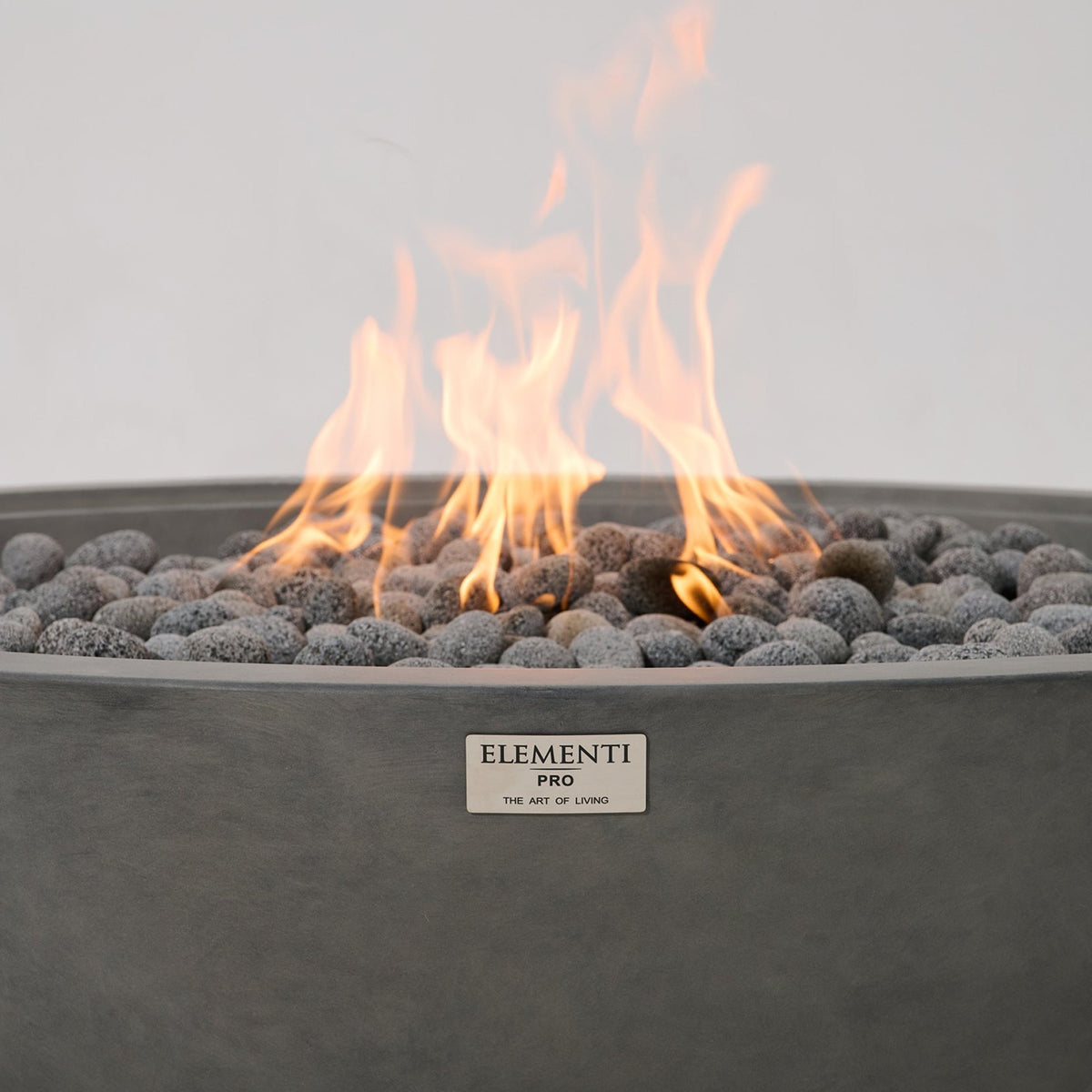 Elementi Pro Rose Bowl 48-inch 100K BTU fire pit, Moon Gray – close-up of rim and Elementi Pro badge