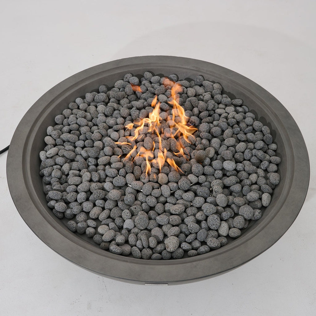 Elementi Pro Rose Bowl 48-inch 100K BTU fire pit, Moon Gray – elevated view, lit