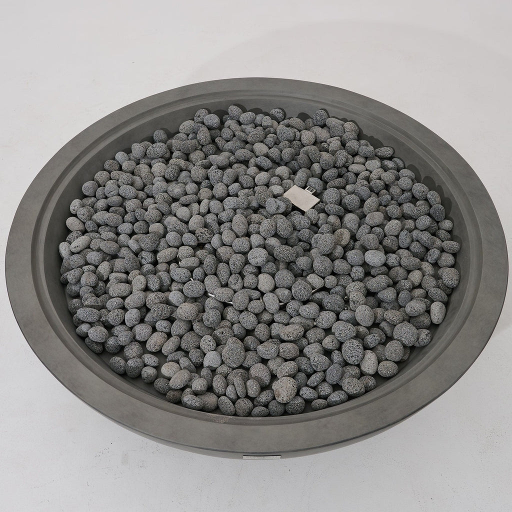 Elementi Pro Rose Bowl 48-inch 100K BTU fire pit, Moon Gray – top-down view, lava rock fill