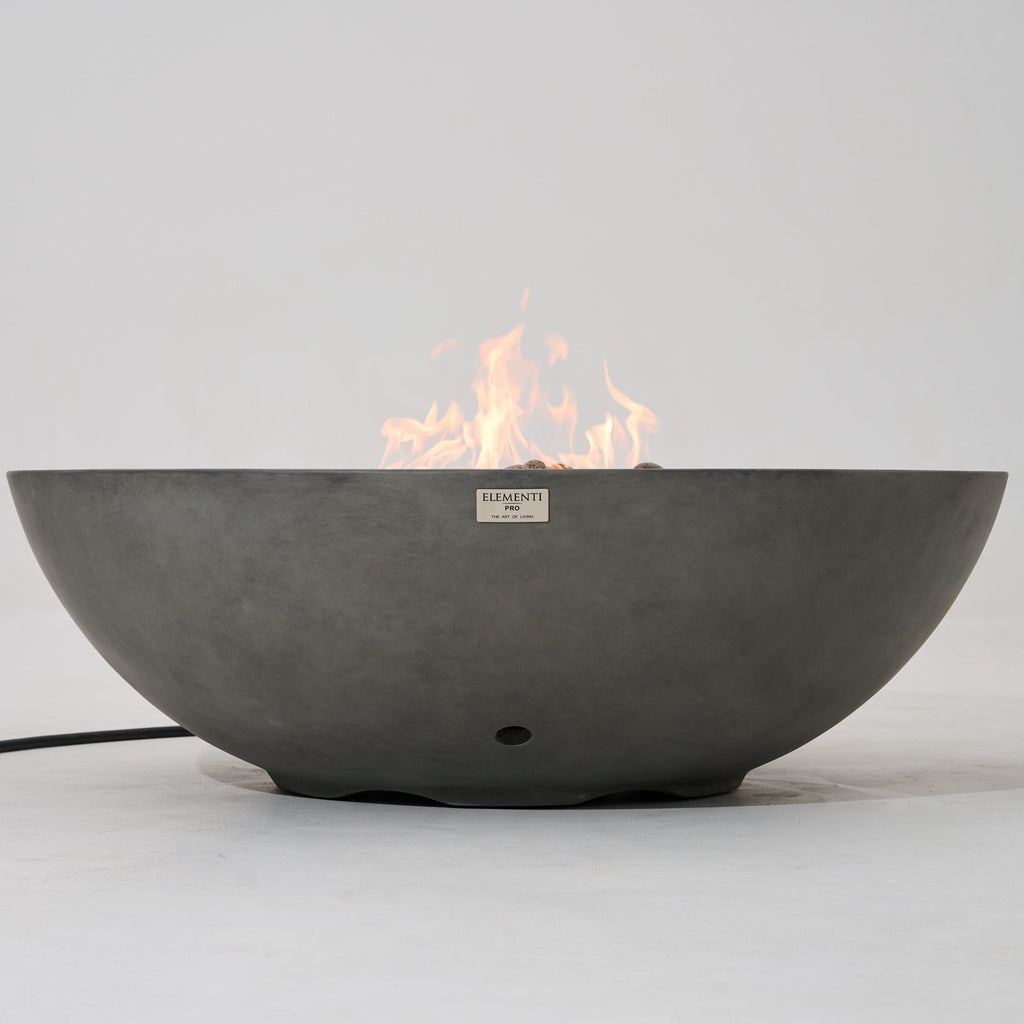 Elementi Pro Rose Bowl 48-inch 100K BTU fire pit, Moon Gray – low side profile, lit