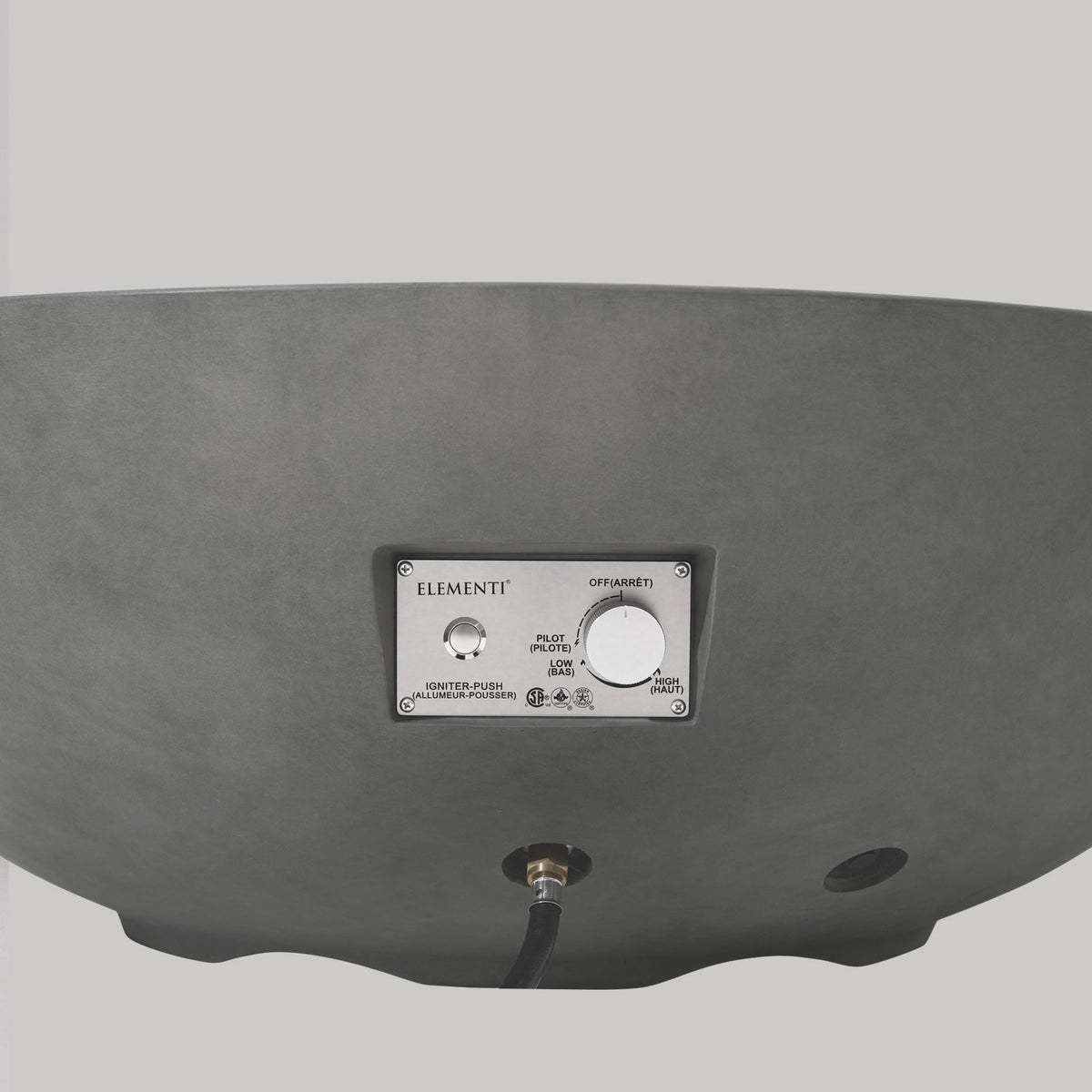 Elementi Pro Rose Bowl 48-inch 100K BTU fire pit, Moon Gray – ignition control panel close-up